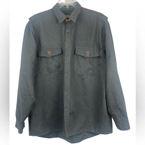 Schnees rifleman flannel shacket in grey w/leather trim collar. Size large GUC - Picture 7 of 11
